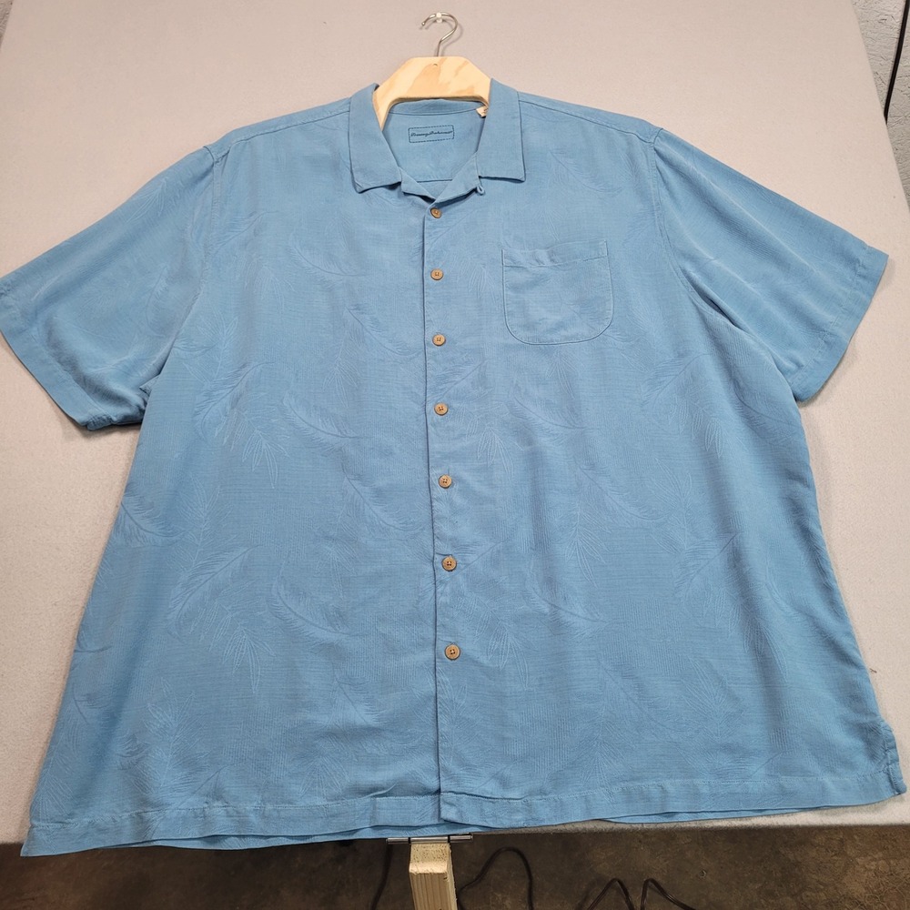 Tommy Bahama Mens 4XT Blue Silk Short Sleeve Camp Shirt Palm Leaf Jacquard